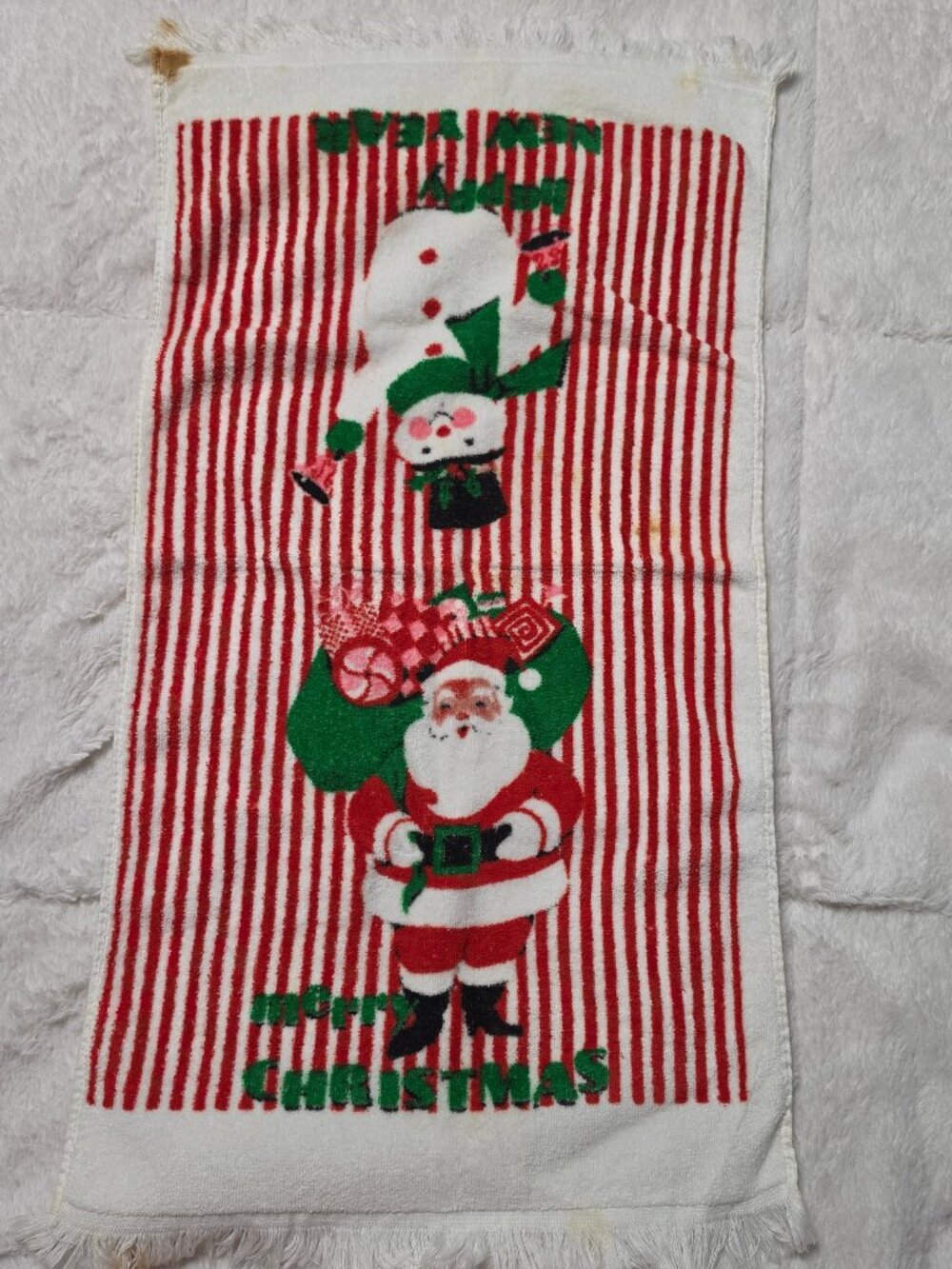 Vtg 70s Royal Terry Christmas New Years Hand Towel Santa Snowman Candy Stripe